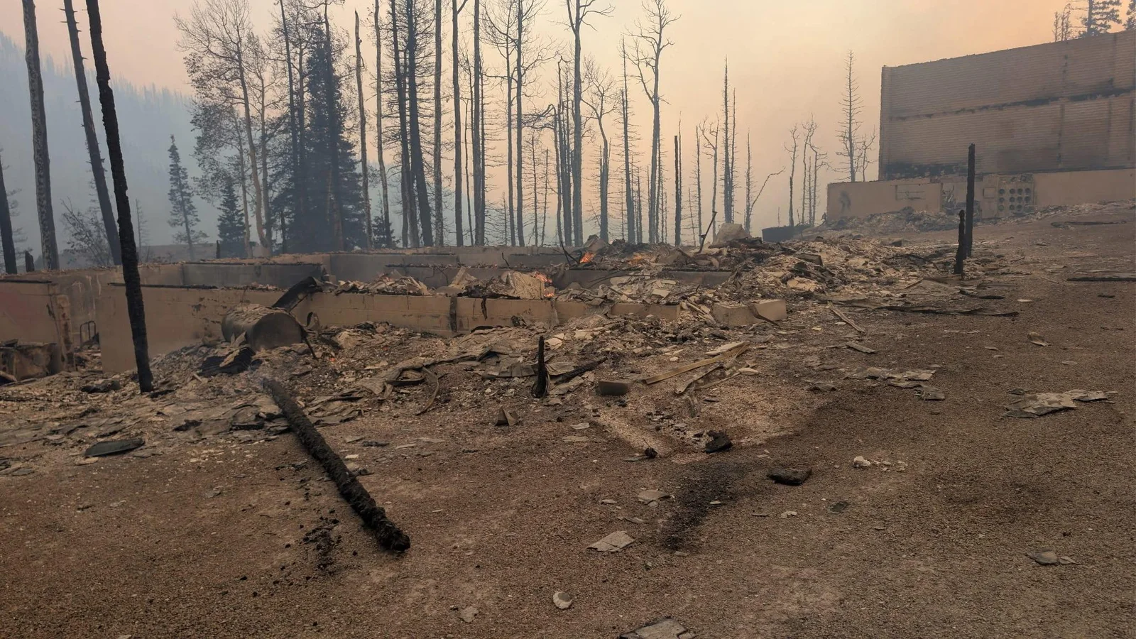 A fire-damaged mountain property with burned trees, rubble, and the remains of structures.